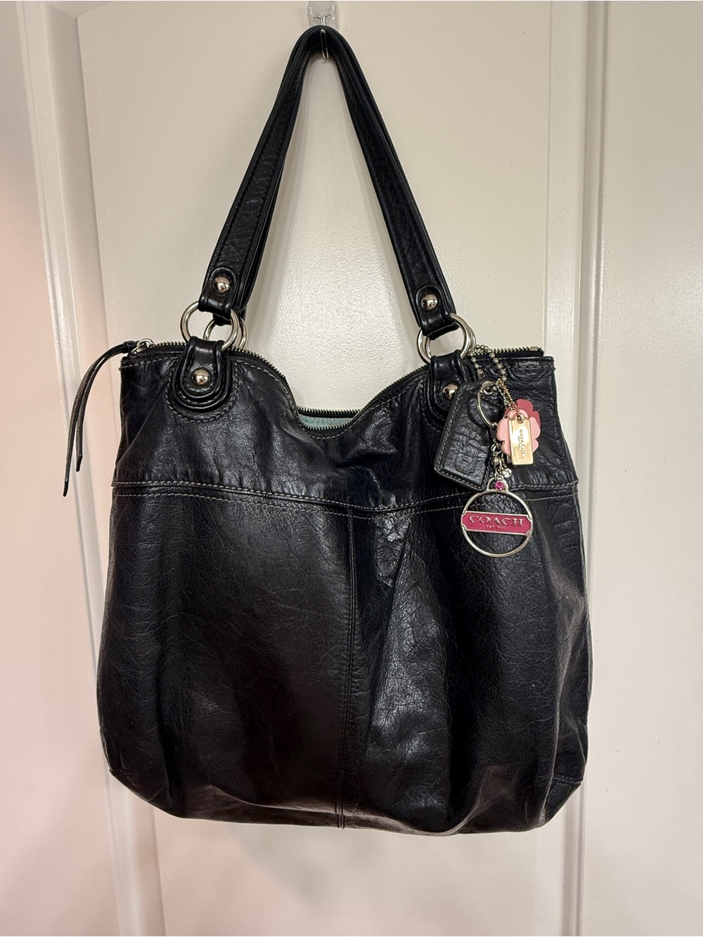 Coach Black Leather Shoulder Bag with Logo Charm